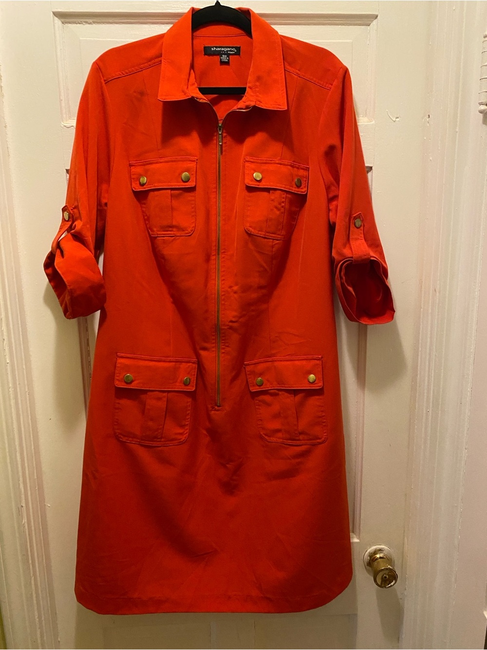 Sharagano Women's Bright Orange Utility Zip-Front Jacket Dress